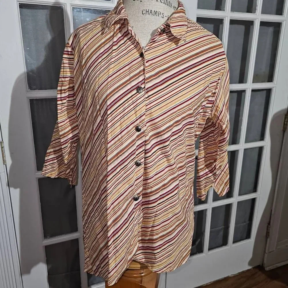 Vintage April Cornell‎ Womens Red Yellow Striped Blouse Small